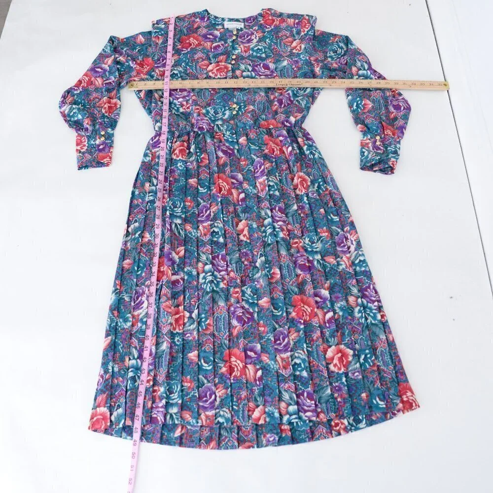 Vintage Schrader Teal Purple Floral Button Front Pleated Maxi Retro 80s Dress 18 - Picture 2 of 14